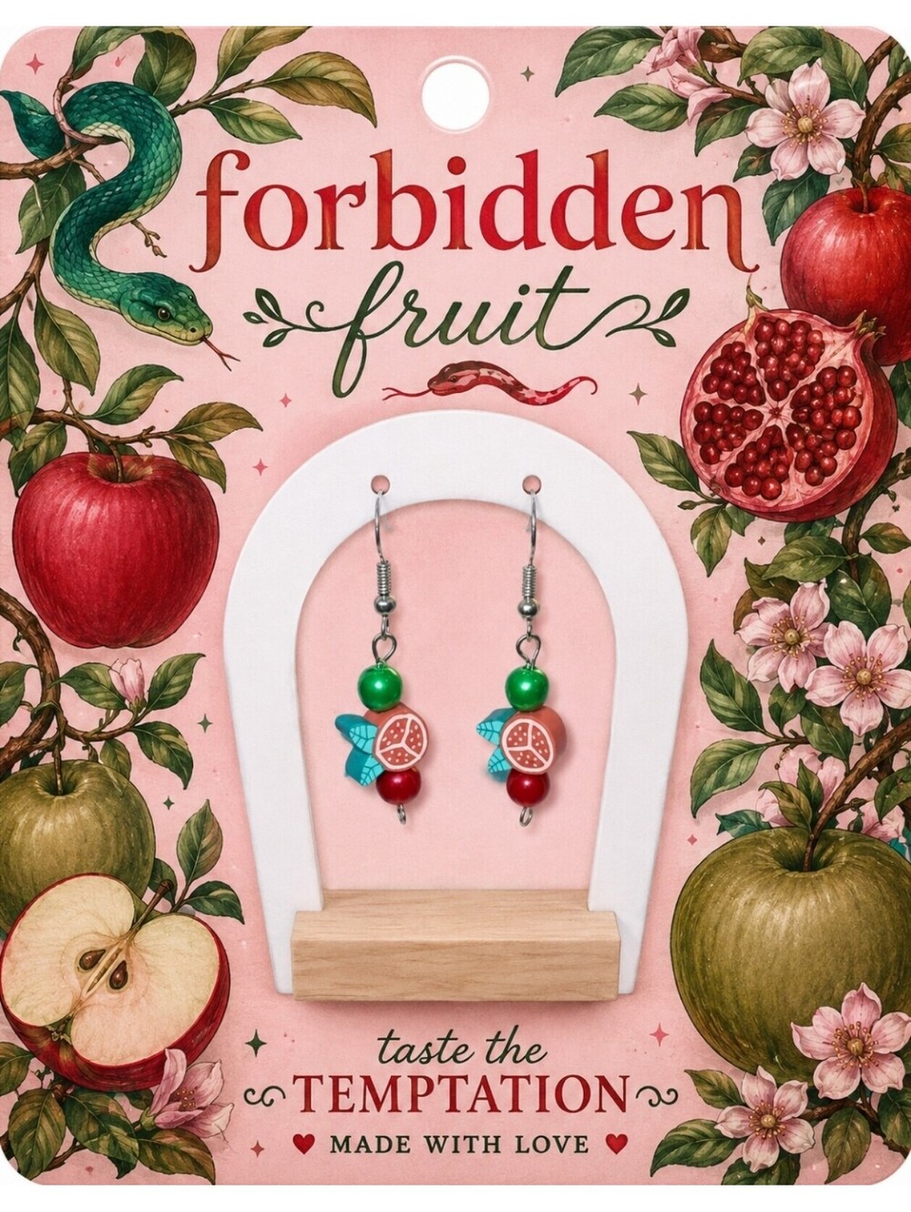 Forbidden Fruit Pomegranate Polymer Clay Bead Hypoallergenic Dangle Earrings